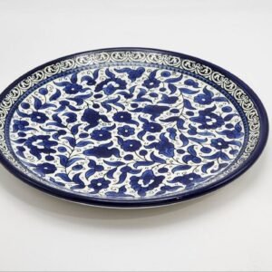 handmade pottery round plat  blue rose theme