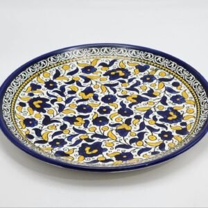 handmade pottery round plat yellow & blue rose theme